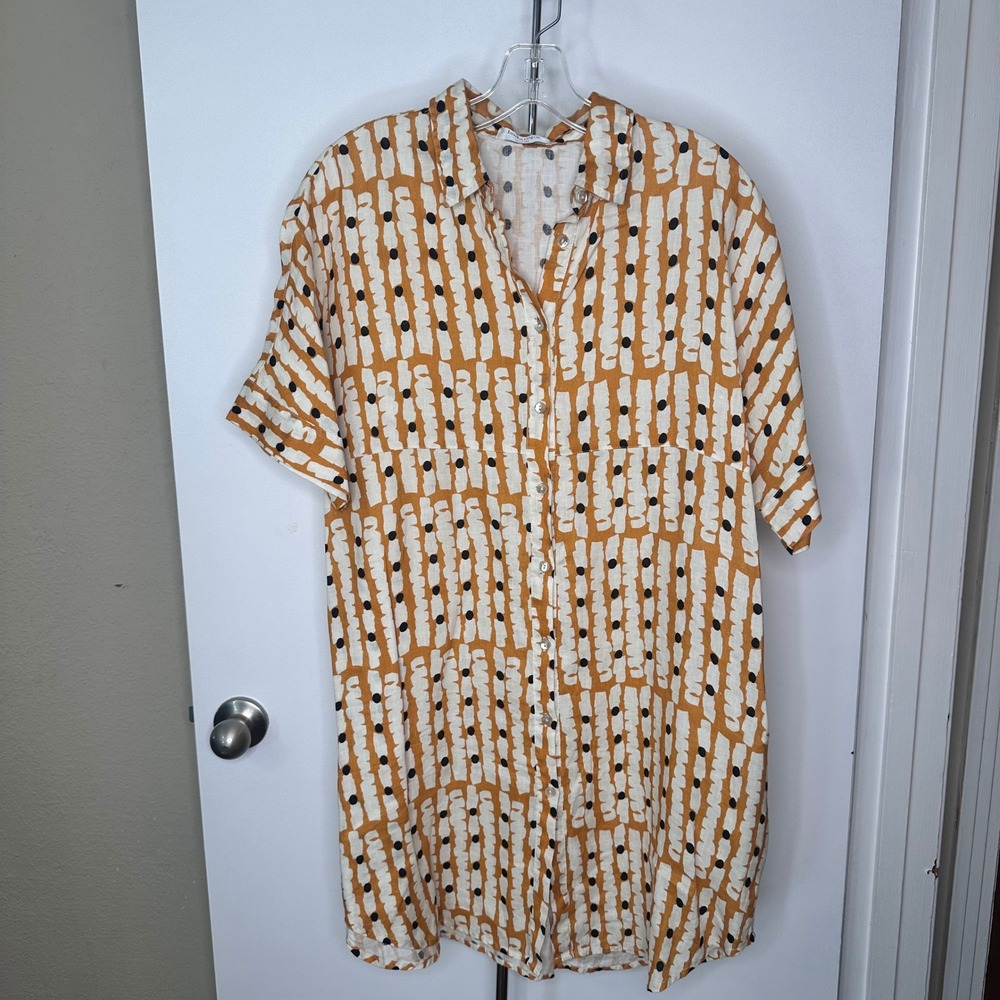 Lanhtropy Linen Button Down Shirt Dress Mustard Yellow Geometric Print L/XL
